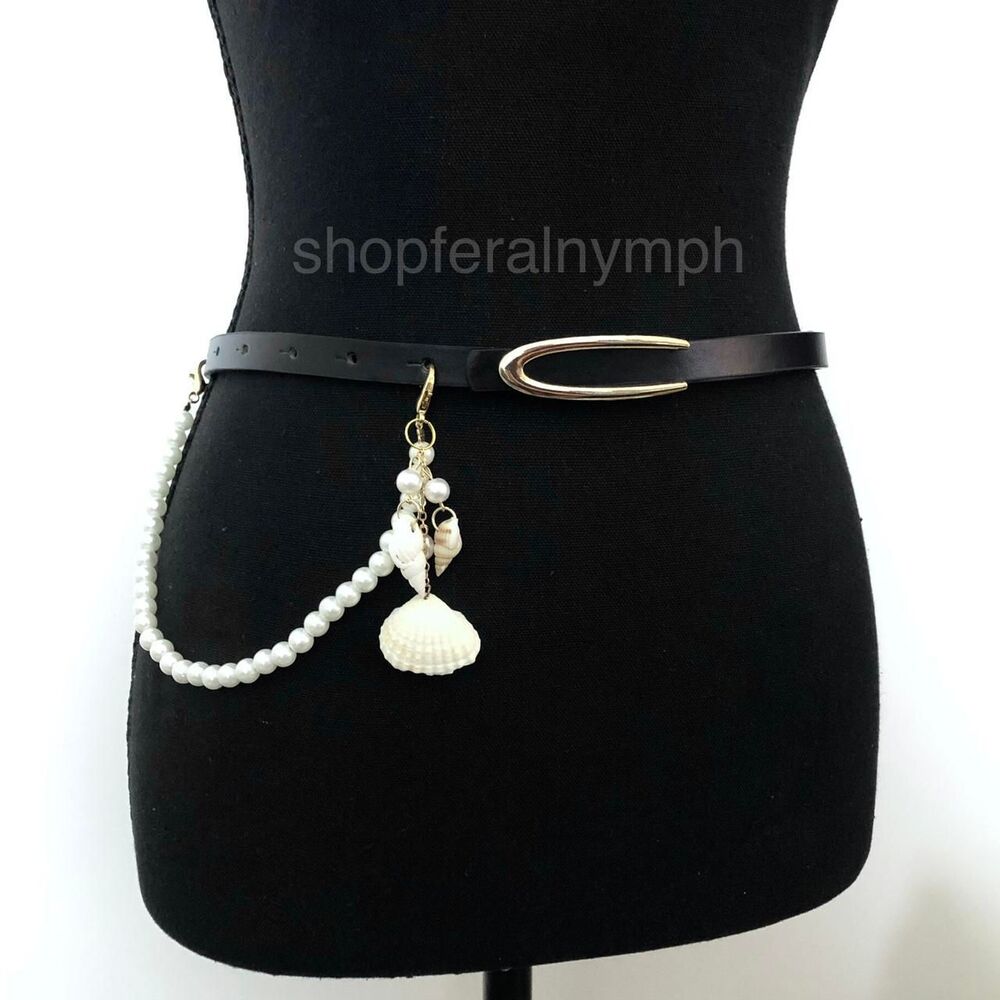 Black Leather Pearl Seashell Mermaid Chain Belt, Fits 37.5-39.5 Inches, X7GA1245